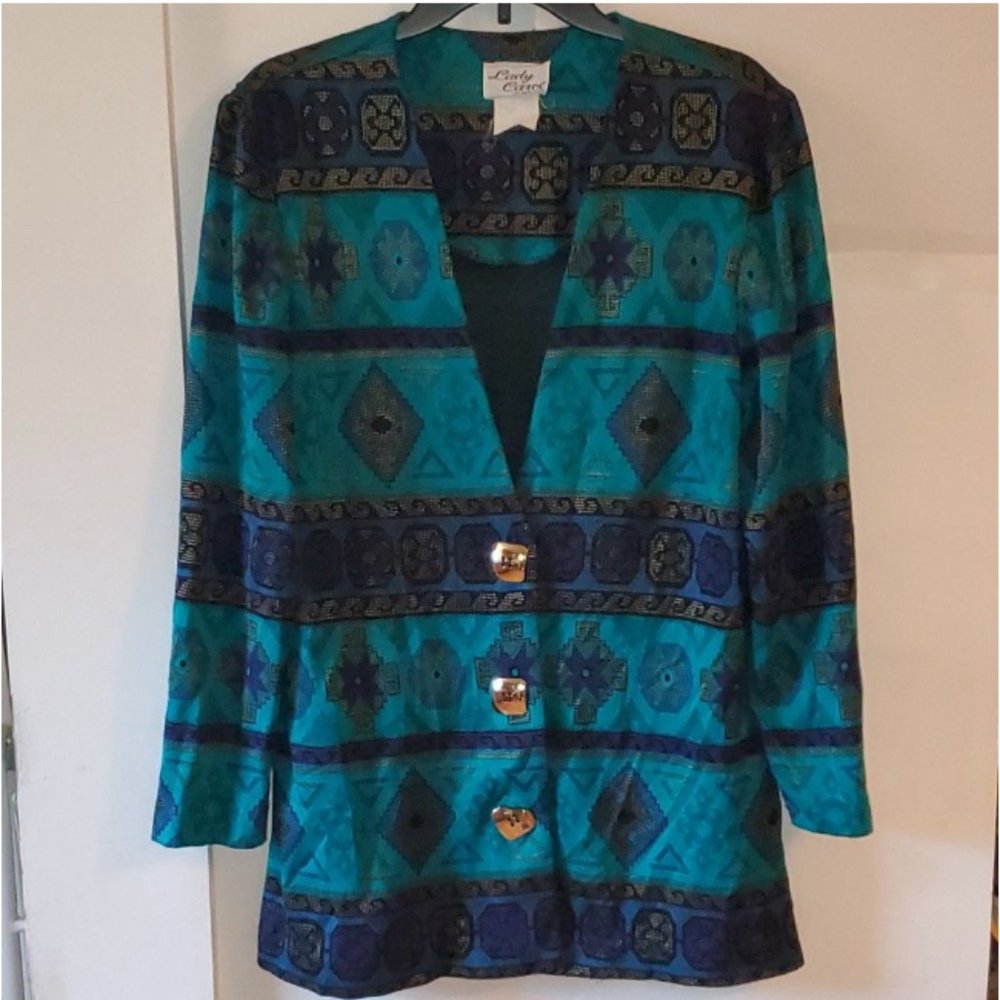 Lady Carol of New York Women's Blazer Suit Jacket Teal Tribal Pattern Size M